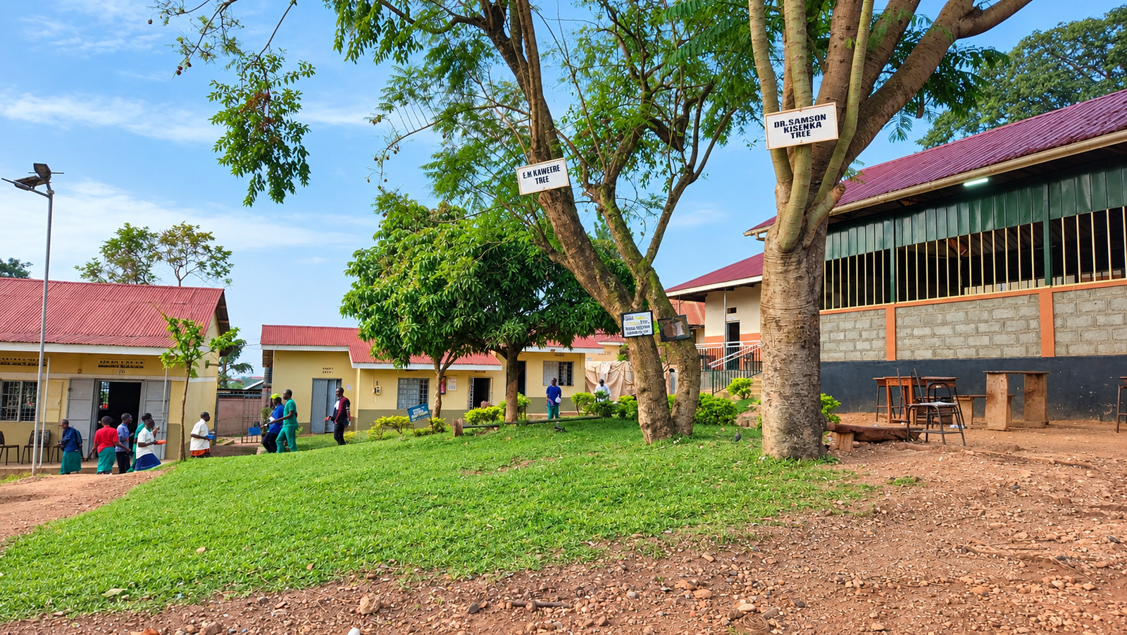 Kira Secondary School courtyard with tree-lined grounds and signage